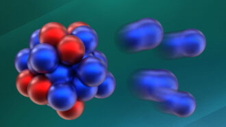 An illustrated image of oxygen-28 on a green background just after 4 blue neutrons have fallen away.