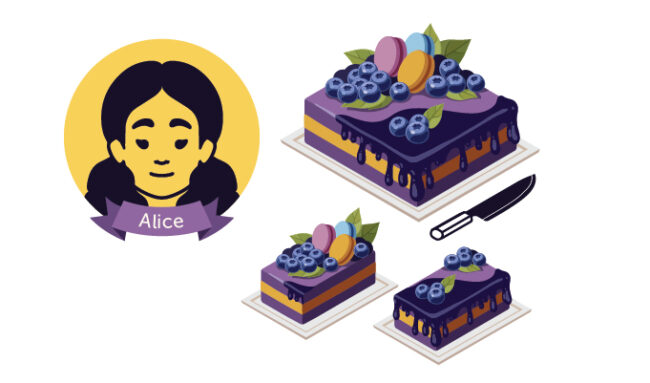 All illustration shows an Alice's face next to a cake with two slices and a knife below.