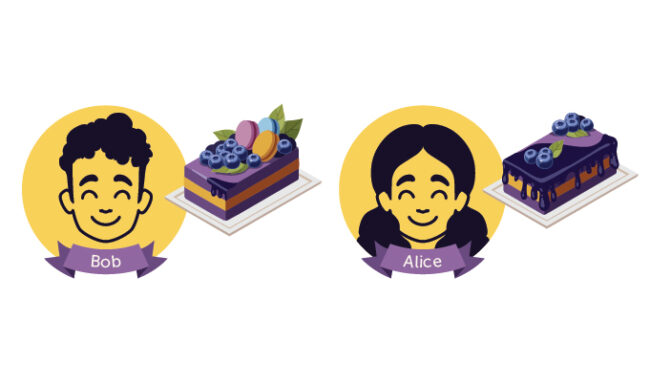 An illustration shows Bob's face next to a slice of cake and Alice's face next to a slice of cake.