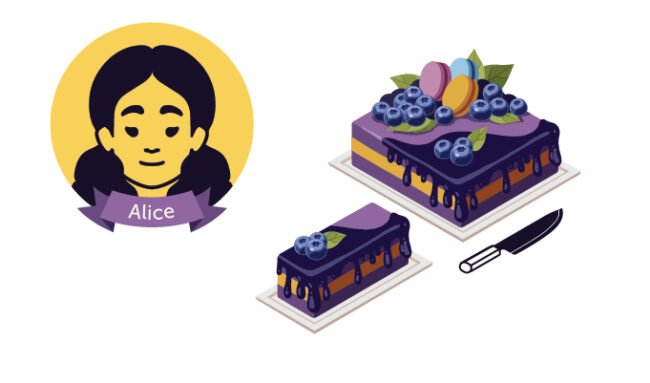 Illustration showing Alice's face beside a cake with a cut slice and a knife.