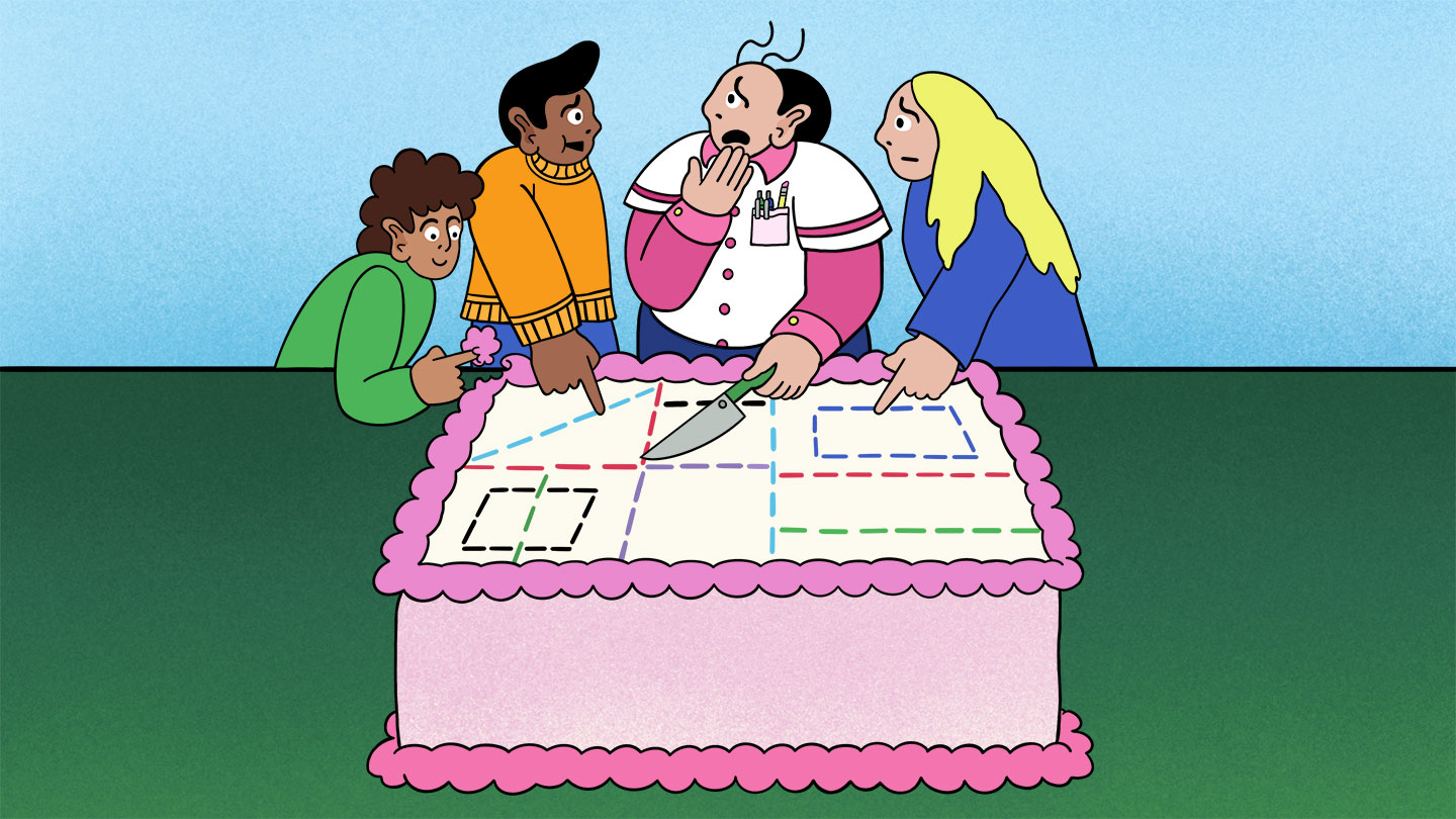 Cartoon illustration shows four people around a cake with lots of dashed lines to indicate where one might cut. One person holds a knife and looks perplexed. Two people point to different sections, and one person holds frosting on their finger.
