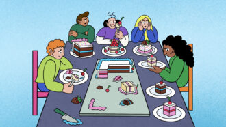Cartoon illustration shows five people sitting around a table with a cake that has been cut in the middle with a knife and additional plates with cake on them in the foreground. Everyone has different sized cake slices on their plates. Only one person looks happy.