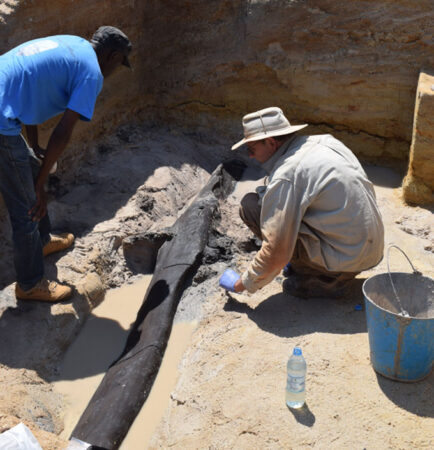 A photo of two people examining an almost 480,000-year-old wooden log.