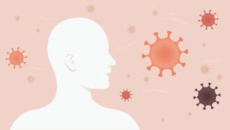 An illustration of a person's head in profile while illustrated germs float around them on a pink background.
