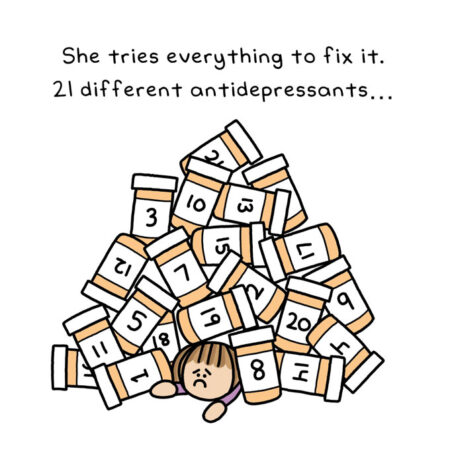 An image of Cartoon Amanda under a pile of medicine bottles with numbers on them.