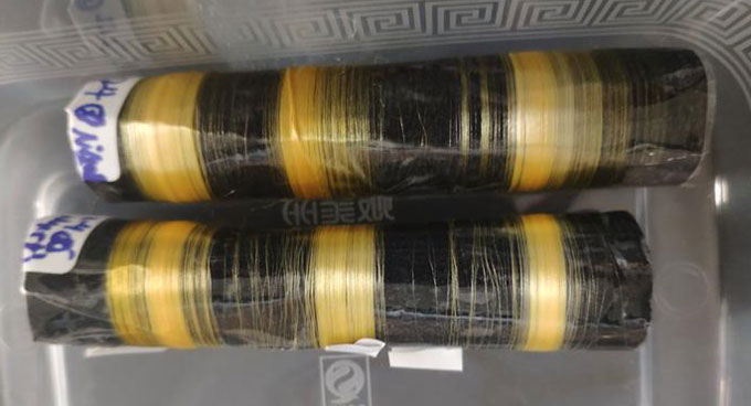 A photo of silk worm spun spider silk wrapped around four black tubes.
