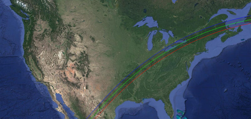 A map of North America showing the April 8, 2024, solar eclipse path of totality. Green marks the center line of the path, and blue and red mark its outer edges.