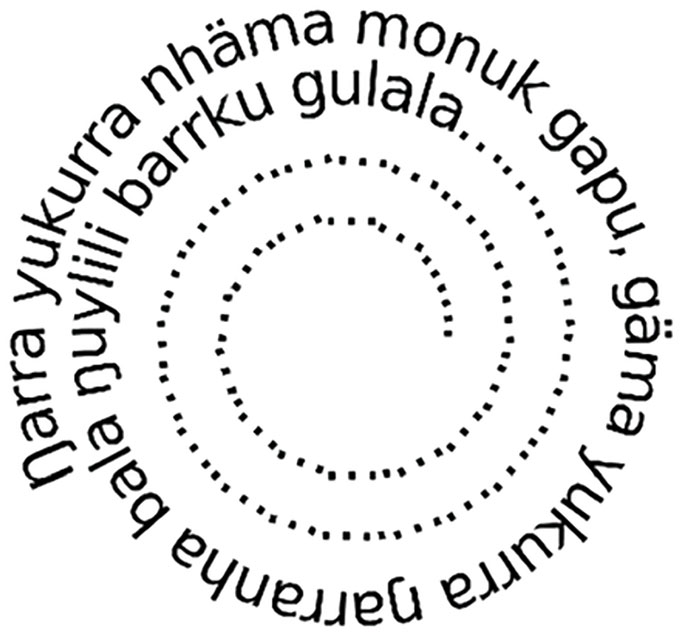 An image of the lyrics to an ancient song of the Yolŋu in a songspiral on a white background.