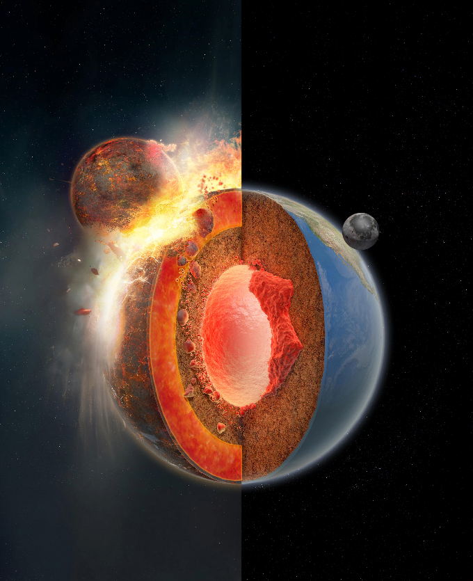 An illustration of a Mars-size protoplanet smashing into Earth (on the left) with a cut out of Earth's core seen on the right while the Moon orbits.