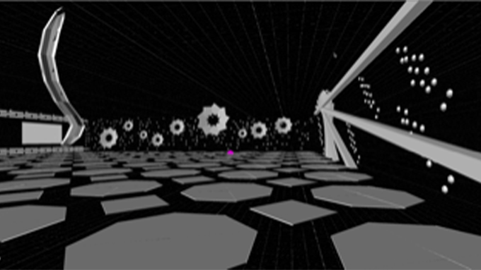 A representation of a gray and white virtual world with twisty columns, geometric shapes tiling the floor and gear-like decorations toward the back.