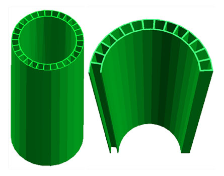 Much larger than carbon nanotubes, the newly discovered colossal carbon tubes are visible to the naked eye and have an unusual structure, shown here in a sketch.