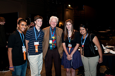 Physics Nobel laureate Leon Lederman poses with students. He said education is the aspect of science that society most overlooks.