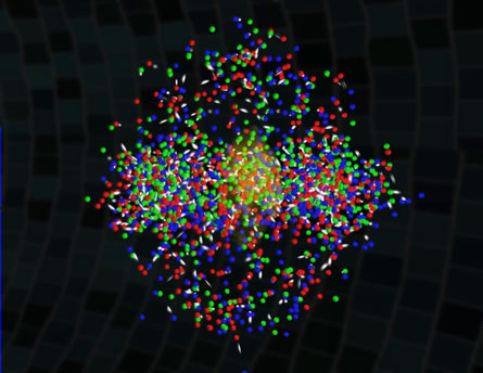 HOT SOUP: The temperature of a strange state of matter called quark-gluon plasma (simulation shown) reaches 4 trillion degrees Celsius, researchers report. Credit: Brookhaven National Laboratory