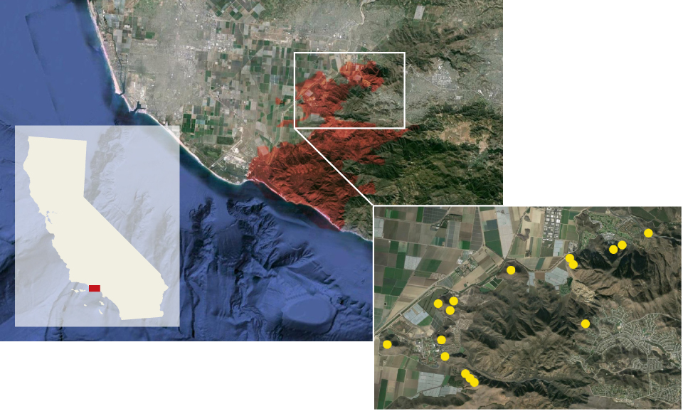 California map with inset of fire location