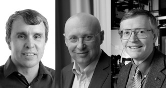 Eric Betzig (left), Stefan Hell (center) and W.E. Moerner