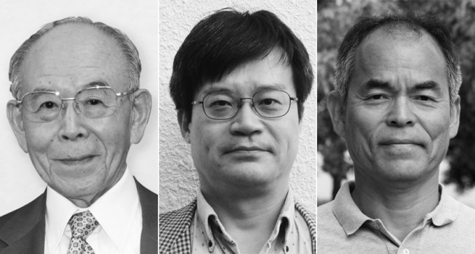 Isamu Akasaki  (left), Hiroshi Amano (center) and Shuji Nakamura