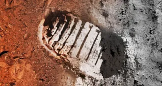 artist's concept of a boot print on moon and Mars