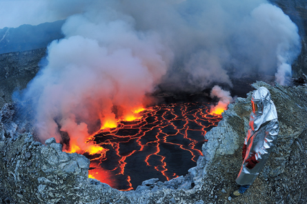 researcher in heat-resistant suit