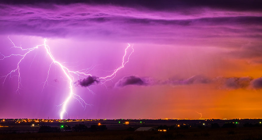 Lightning illuminates the sky during a storm in Weld County, Colo.