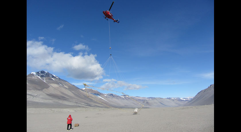 Helicopter over one of Antarctica's frozen dry valleys