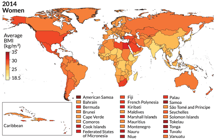 Global BMI map for women in 2014
