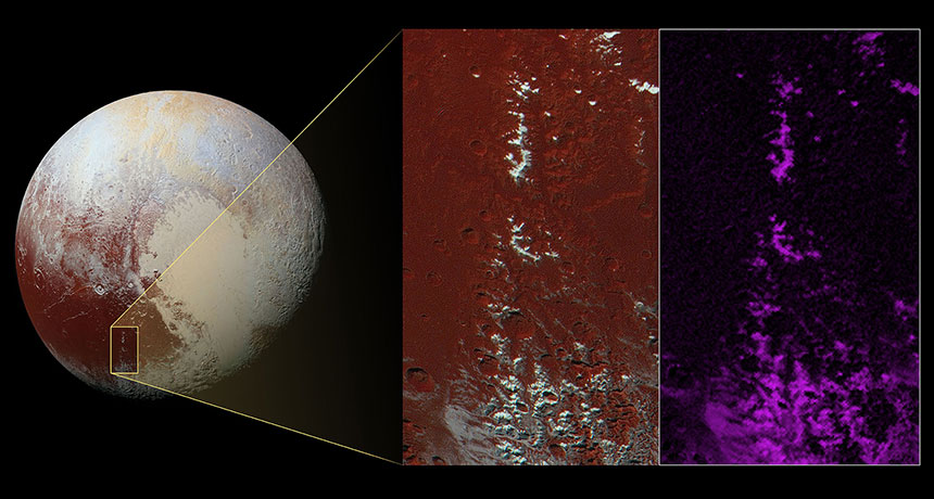 Pluto and magnified images of mountains