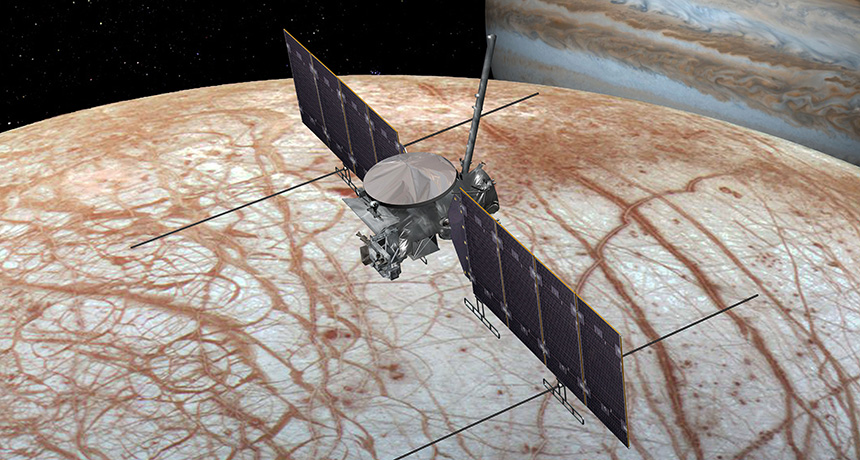 Illustration of spacecraft flying by Europa