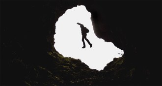 person falling through tunnel