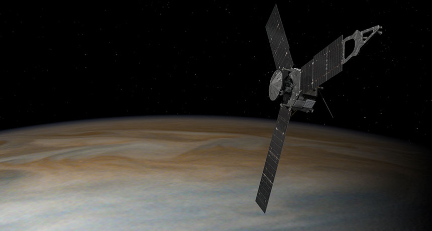 illustration of Juno spacecraft in orbit around Jupiter
