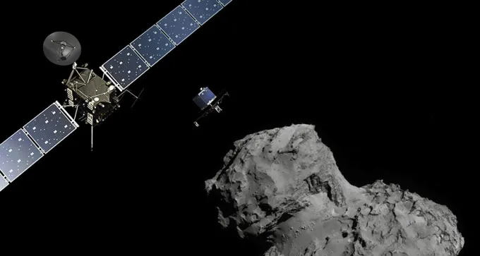 illustration of Rosetta and Philae approaching comet 67/P