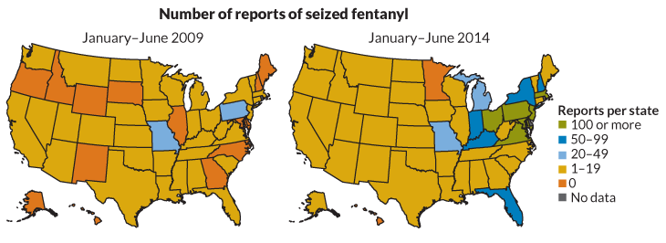 maps of fentanyl seizures, 2009 and 2014