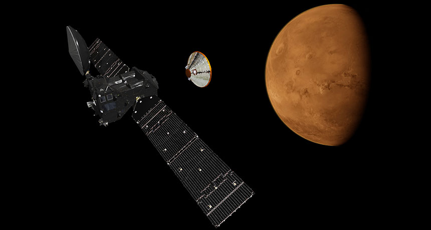 Schiaparelli lander, illustrated over Mars
