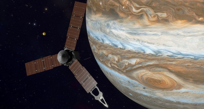 illustration of Juno spacecraft at Jupiter