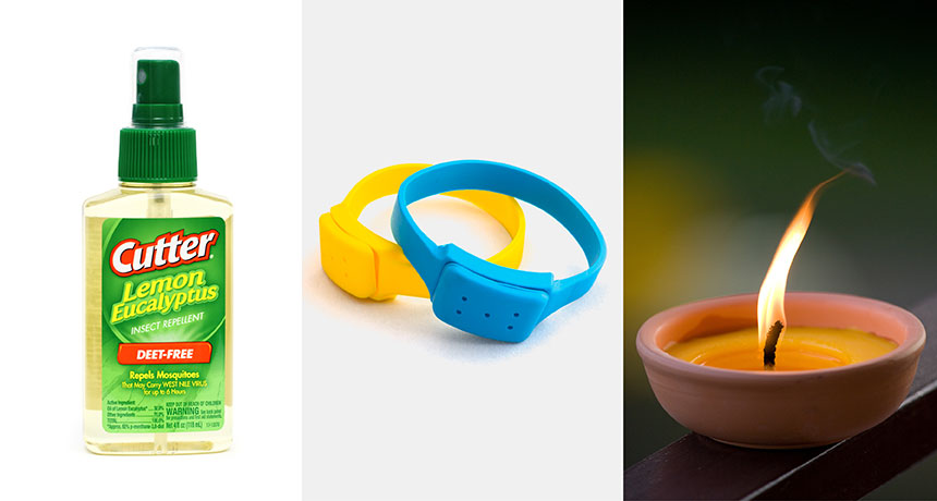 bug spray, repellent bracelet and a citronella candle