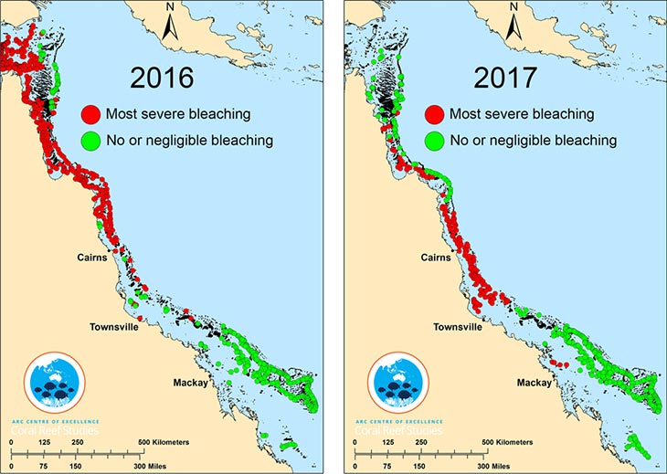 map of 2016 and 2017 bleaching events