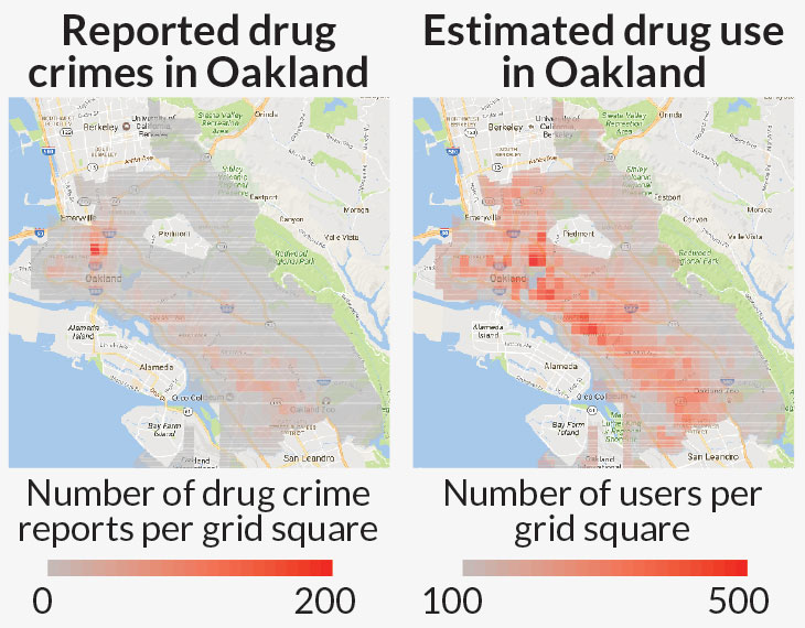 map of reported versus estimated drug use in oakland based on a machine-learning program