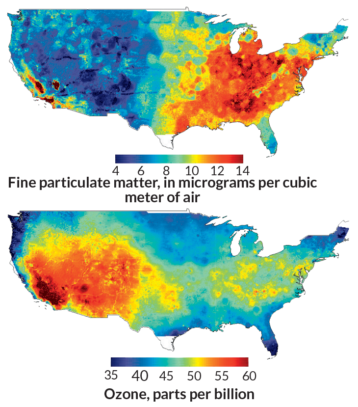 maps of particulate air pollution and ozone in the U.S.