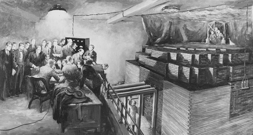 illustration of scientists watching first sustained fission chain reaction