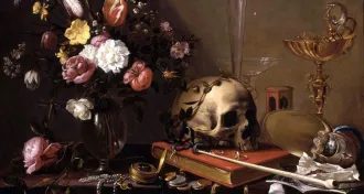 Vanitas Still Life With Flowers and Skull