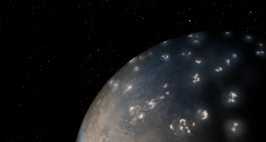 On Jupiter, lightning flashes from storms swirling at the poles