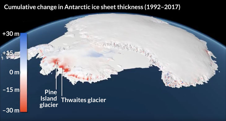 map showing change in Antarctic ice sheet thickness  1992-2017