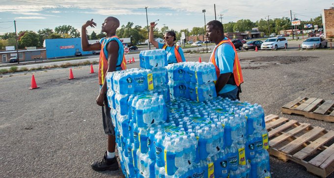 bottled water pickup site in Flint, Mich.