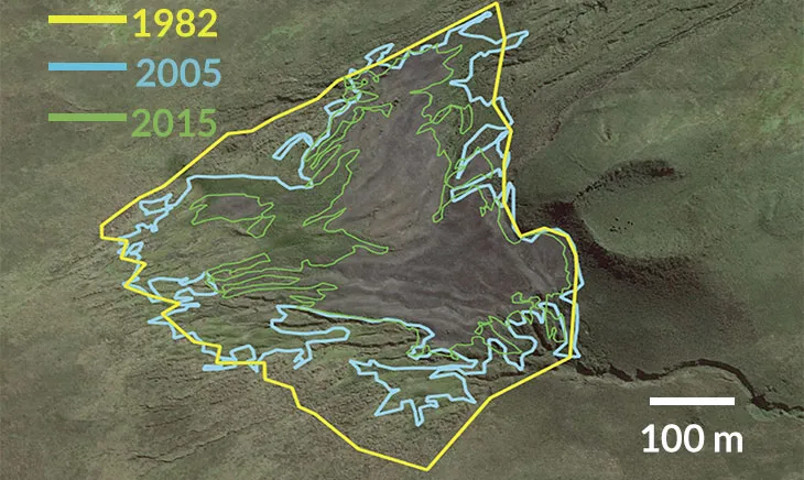A map showing how the boundary of the largest king penguin colony has shrunk over time.
