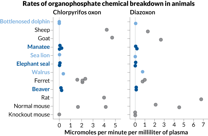 a graph showing rates of organophosphate checmical breakdown in various animals