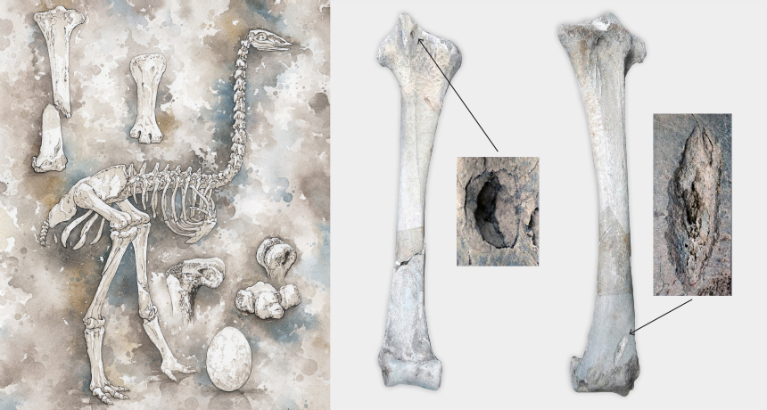 elephant bird illustration and leg bones