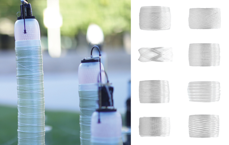 a photo of the new silkwormlike robots with fiberglass spun around their bodies, and an image of fiberglass pipes created by the robots