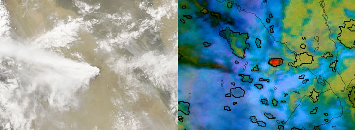 a sattelite image of the June 2011 eruption of the Nabro volcano in Eritrea and a computer analysis of surrounding clouds 15 minutes after eruption