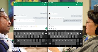 a composite image showing two paralyzed people chatting online