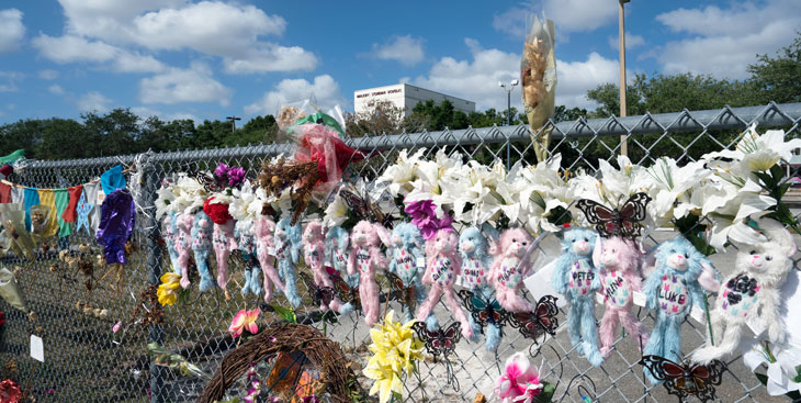 a fence covered in stuffed animals, flowers, and notes after a mass shooting in Parkland, Fla.
