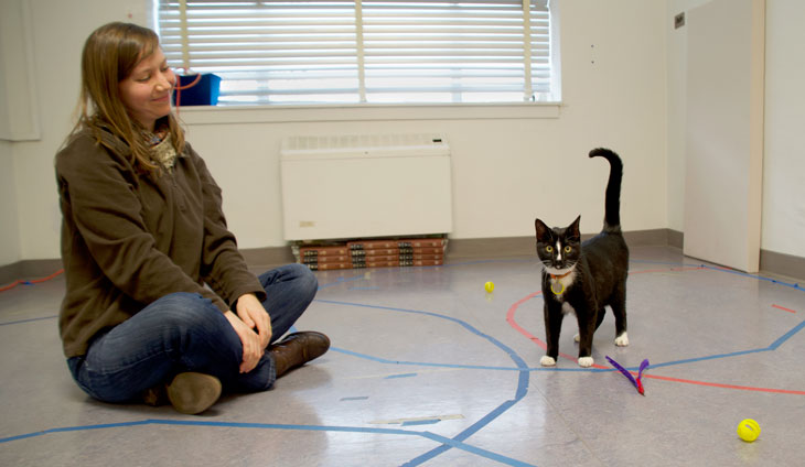 A woman and a cat in a research lab